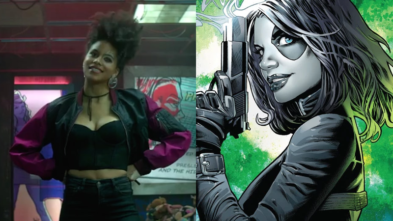 On the left, Domino as played by Zazie Beetz in Deadpool 2. On the right, Domino on the cover of her brand new comic series.
